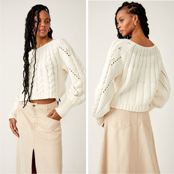 Free People Sandre Cable Knit Cropped Sweater in Cream Ivory White Size XL - Picture 4 of 8